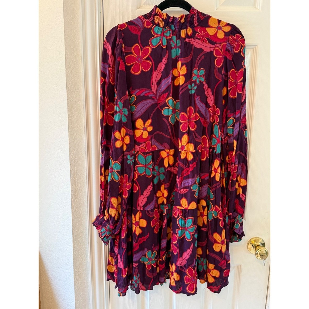 Easel Floral Boho Babydoll Mini Dress Ruffle Smocked Cottagecore Festival S - Picture 6 of 8